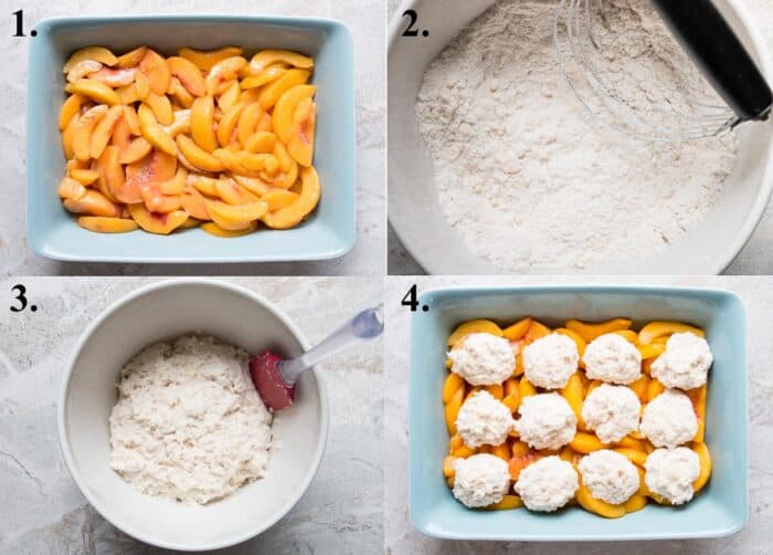 A picture collage of how to make homemade peach cobbler