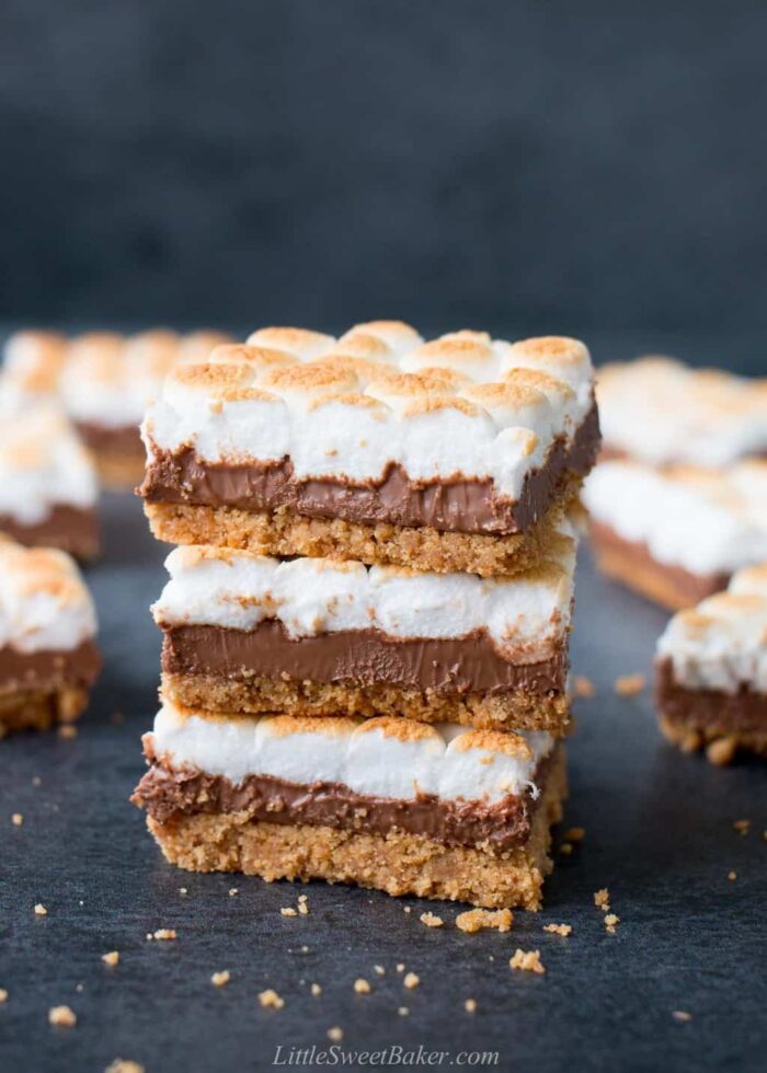 A triple stack of s'mores bars made with Hershey bars.