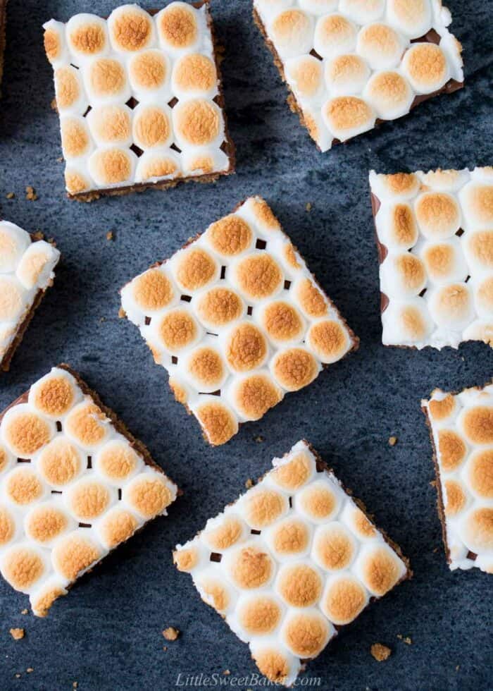 An overhead view of s'mores bars made with mini marshmallows