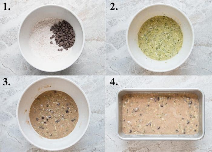 A picture collage of how to make zucchini bread with chocolate chips.