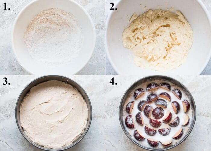 A picture collage of how to make plum cake.