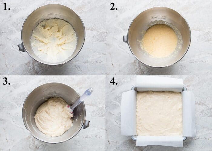 A picture collage of how to make butter cake.