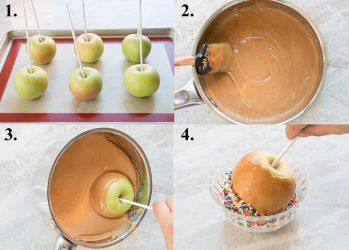 A picture collage of how to make caramel apples.