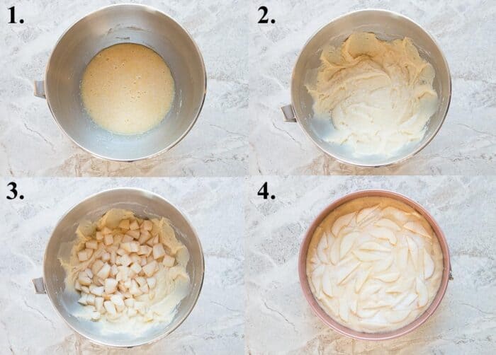 A picture collage of how to make fresh pear cake.