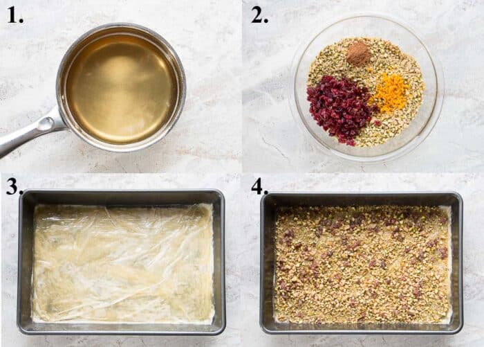 Process shots of how to make cranberry orange baklava.