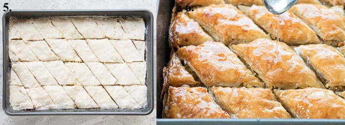 Baklava before and after baking.