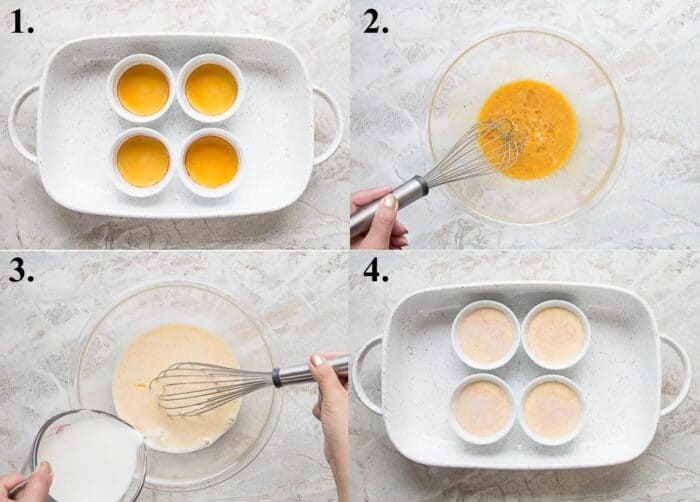 Process pictures of how to make creme caramel.