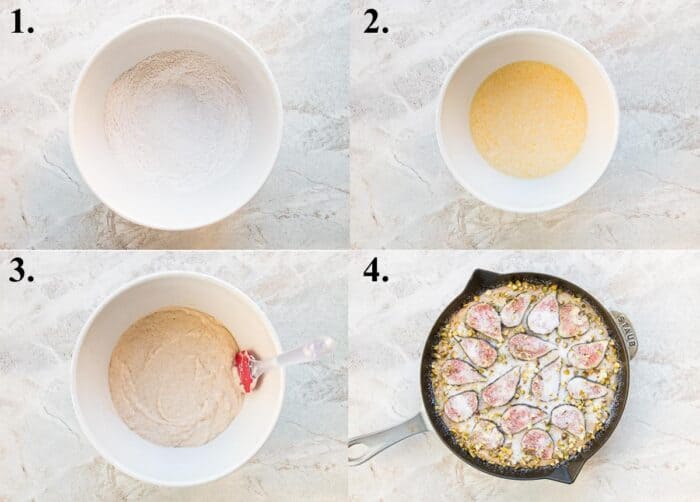 A picture collage of how to make fresh fig cake.