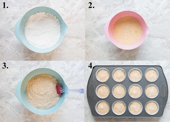 A picture collage of how to make banana muffins.