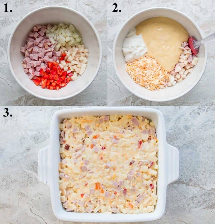 A picture collage of how to make ham and potato casserole.