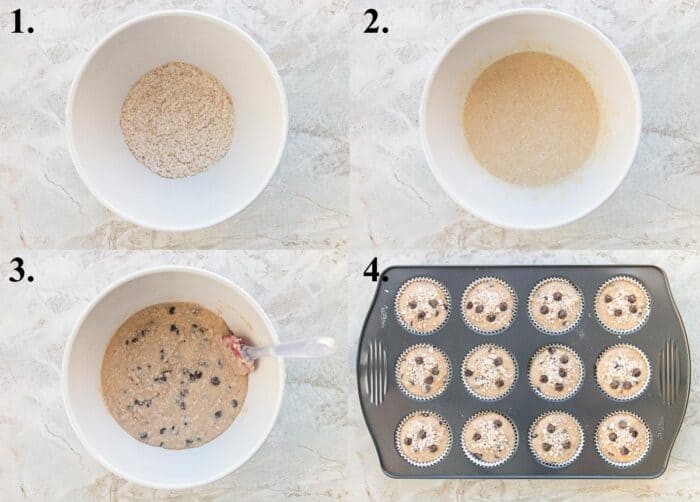 A picture collage of how to make oatmeal chocolate chip muffins.