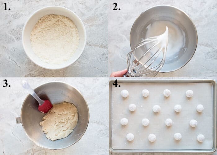 Process pictures of how to make amaretti cookies.