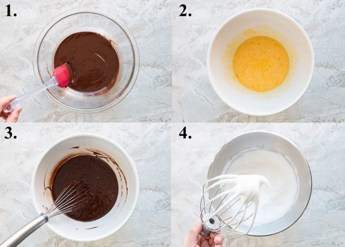 steps 1-4 of how to make a flourless chocolate cake.