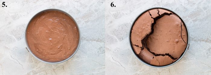 A flourless chocolate torte before and after baked.