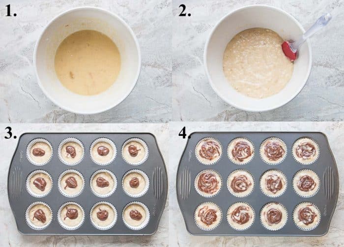 Process pictures of how to make Nutella stuffed and swirled banana muffins.