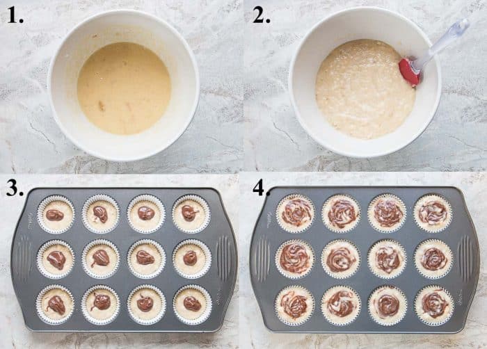 Process pictures of how to make Nutella stuffed and swirled banana muffins.