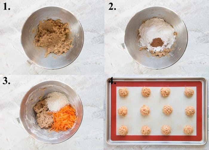 Process pictures of how to make carrot cake cookies.