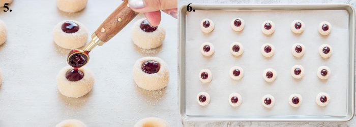 filling thumbprint cookies with raspberry jam and raw cookies on a baking sheet to be baked