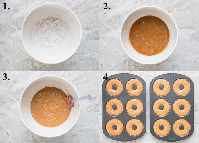 a picture collage of how to make baked sweet potato donuts