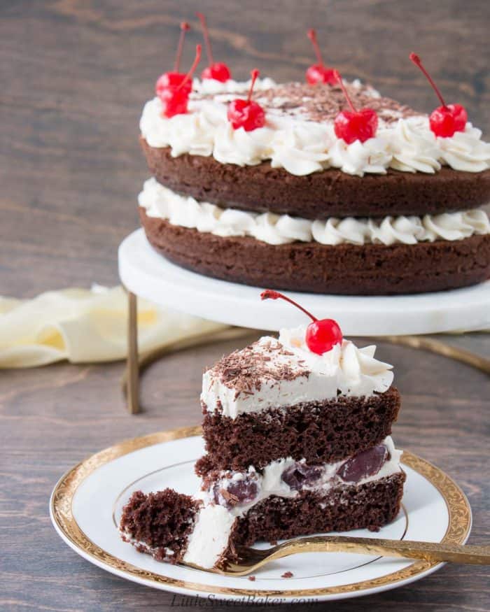 A slice of black forest cake on a white and gold plate.