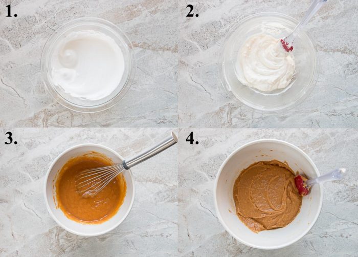 Picture collage of steps 1-4 of how to make pumpkin cream cheese muffins.