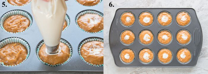 images of pumpkin muffins being filled with cream cheese and ready to bake