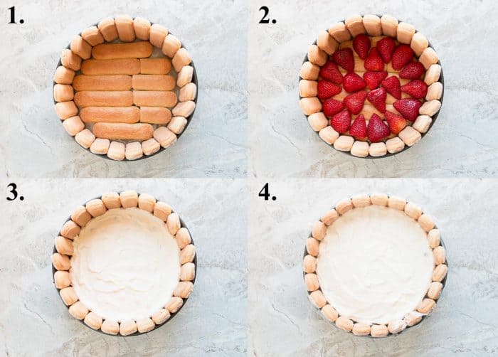 Pictures of how to layer a strawberry charlotte cake.