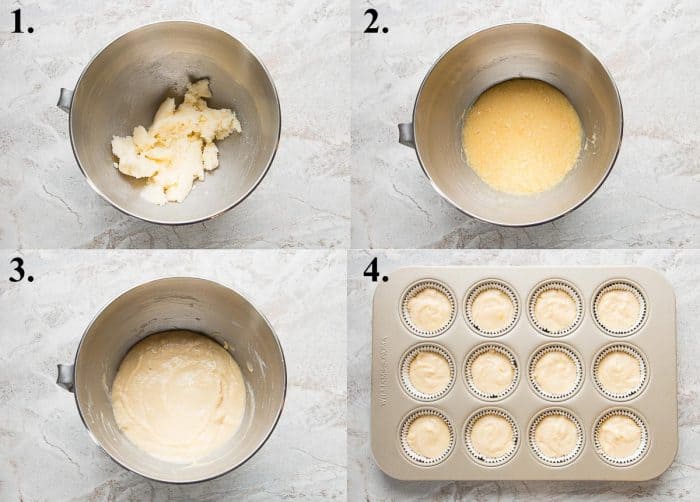 picture collage of how to make vanilla cupcakes for tiramisu cupcakes.
