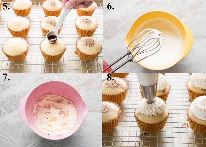 picture collage of how to make tiramisu cupcakes with espresso syrup and mascarpone frosting