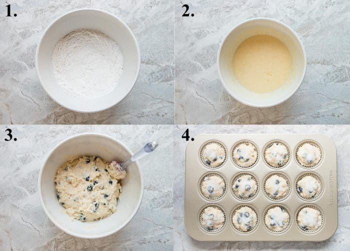 A picture collage of how to make lemon blueberry muffins.
