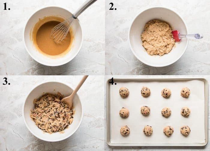 Process shots of how to make chewy chocolate chip cookies