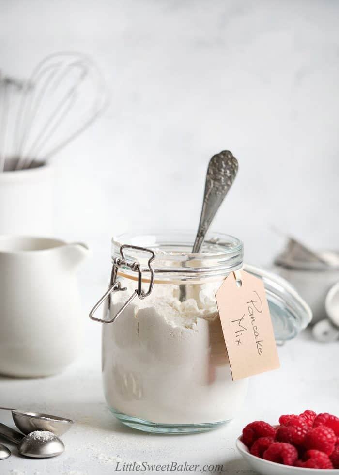 A canister of homemade pancake mix.