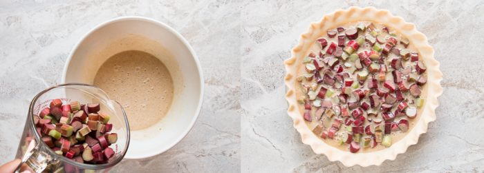 A picture collage of rhubarb adding to custard filling and an unbaked rhubarb custard pie