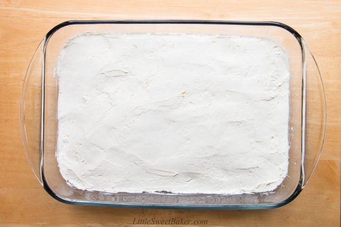 Cream cheese and Cool Whip filling middle layer for strawberry pretzel salad.