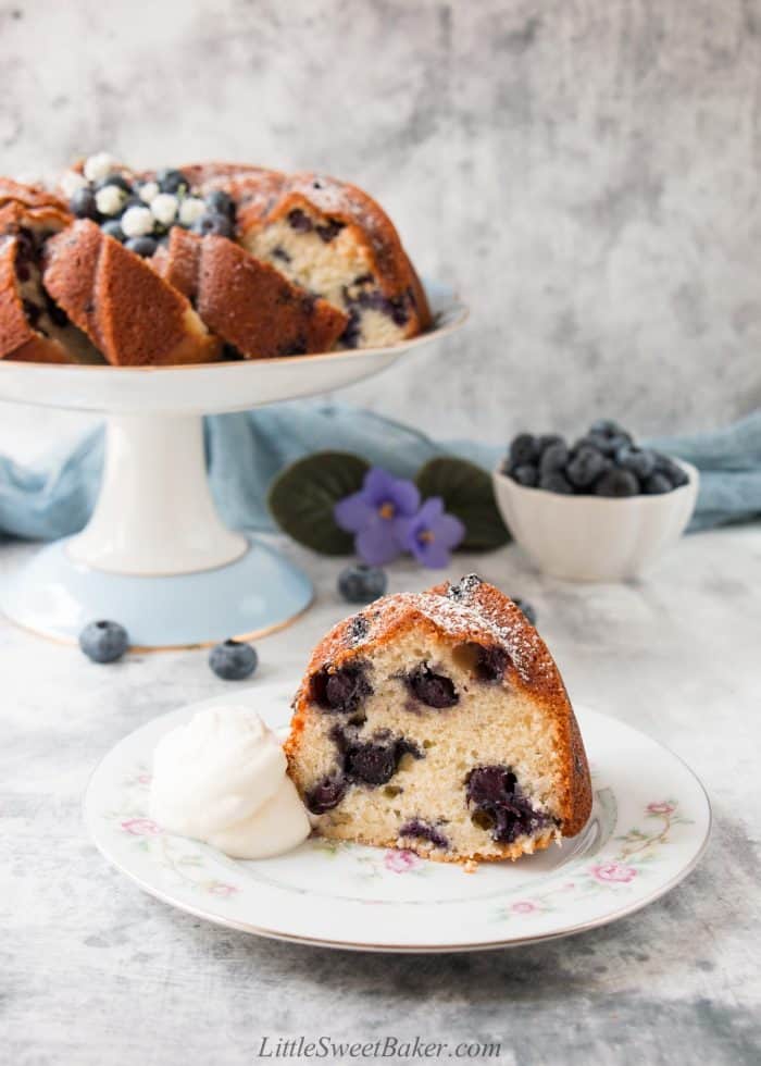 A slice of blueberry cake on a white floral plate with a dollop of whipped cream.