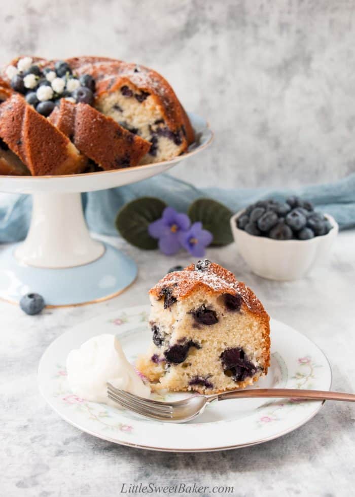 A slice of blueberry cake and whipped cream on a plate with a fork.