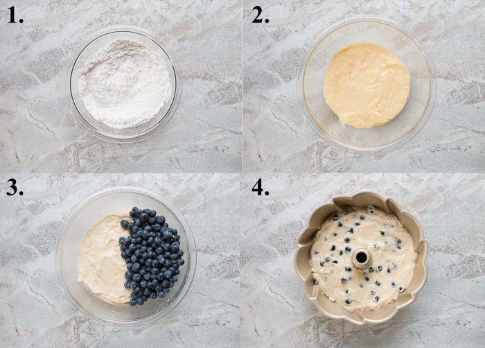 picture collage of how to make blueberry cake