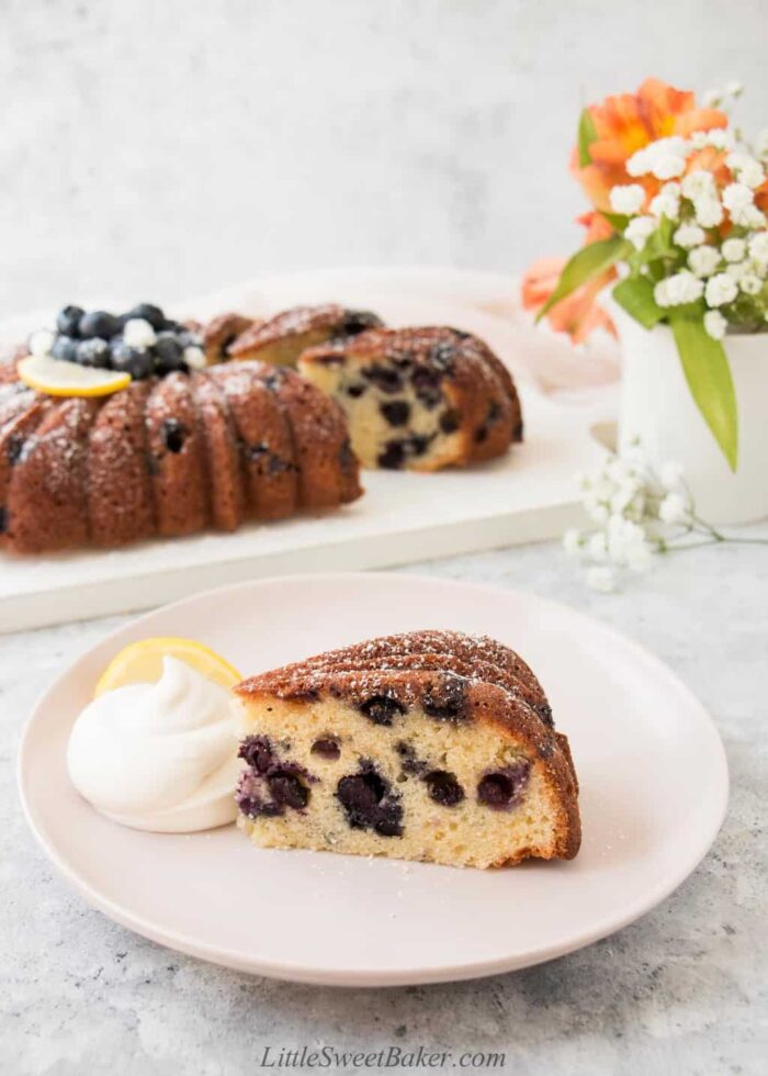 A slice of lemon blueberry pound cake on a pick plate with dollop of whipped cream,