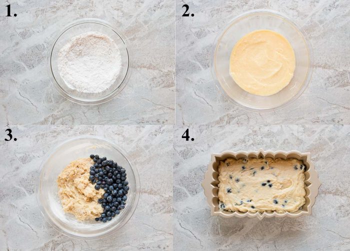 picture collage of how to make lemon blueberry pound cake