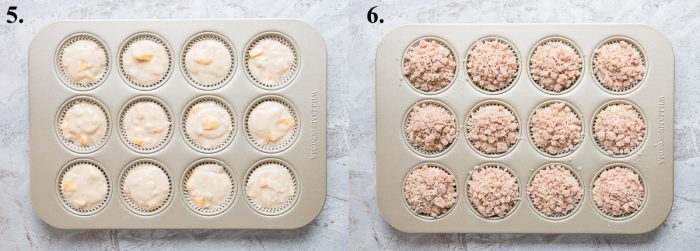 Peach muffin batter in a muffin pan then with crumb topping.