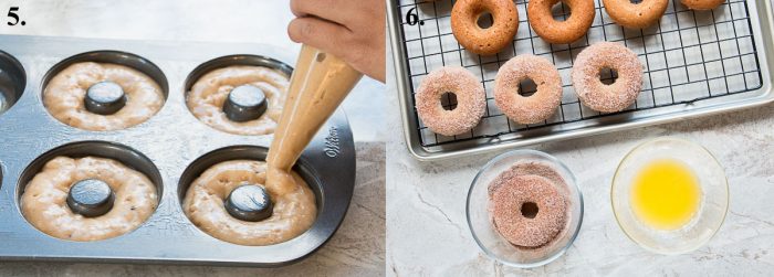 Filling a donut pan and then dipping in butter and coating in cinnamon sugar.