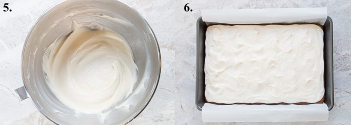 Cream cheese frosting in mixer bowl and on pumpkin cake.