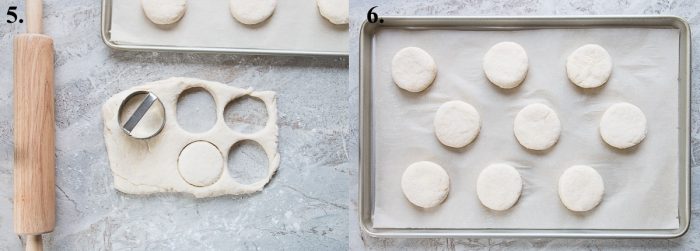 raw biscuit dough being cut and on a baking sheet