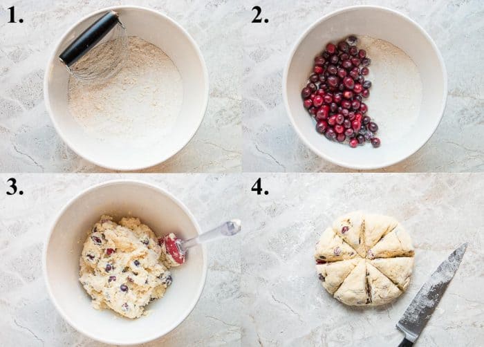 a picture collage of how to make cranberry orange scones