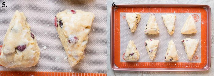 Cranberry orange scones brushed with buttermilk and topped with coarse sugar before baking.