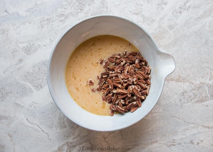 Pecan pie filling in a mixing bowl.