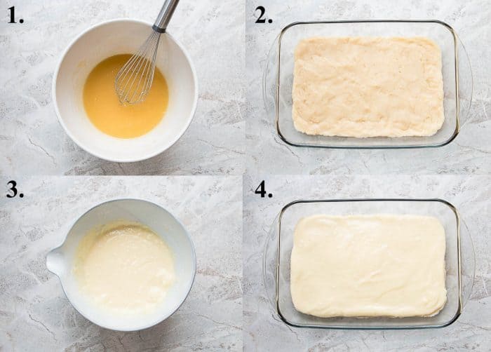 Picture collage of how to make gooey butter cake from scratch.