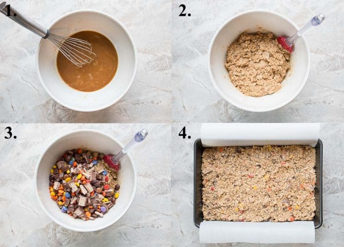 a picture collage of how to make leftover Halloween candy cookie bars