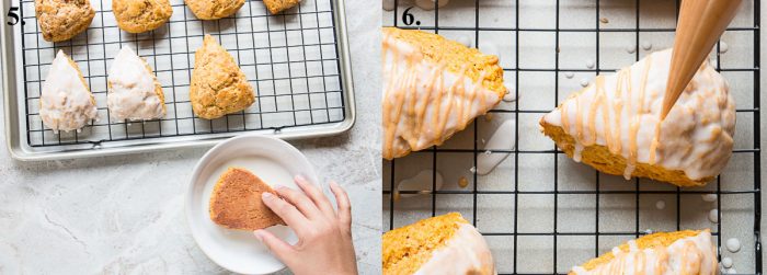 two images showing how to double glaze pumpkin scones