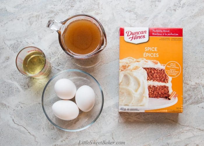 Ingredients for apple cider cake with cake mix.